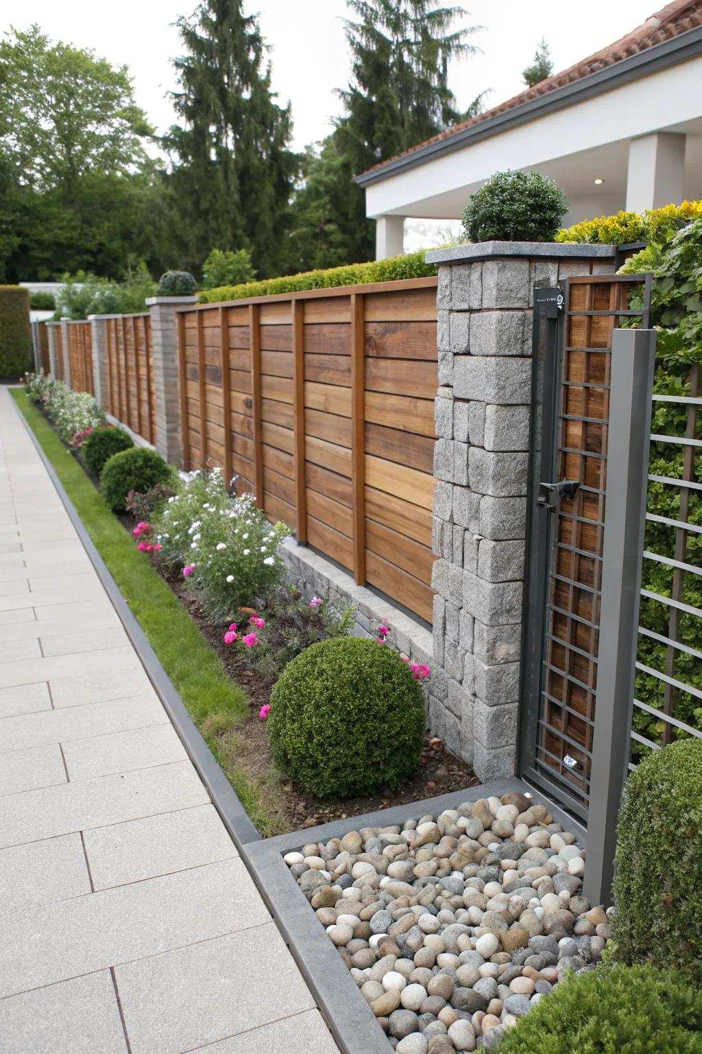 Assorted elements impart artistic flair to timber fences.