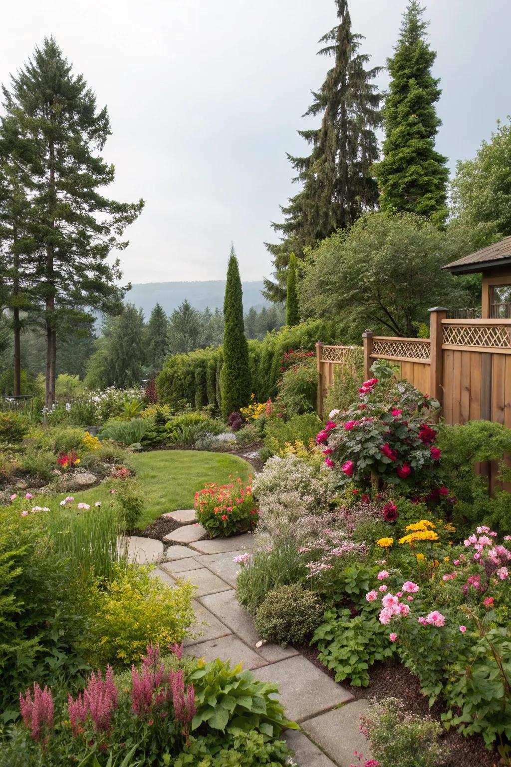 Assorted plantings offer a diverse and private landscape.