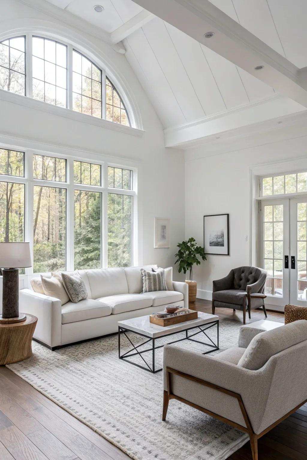 Asymmetrical layouts introduce interest to a white room.