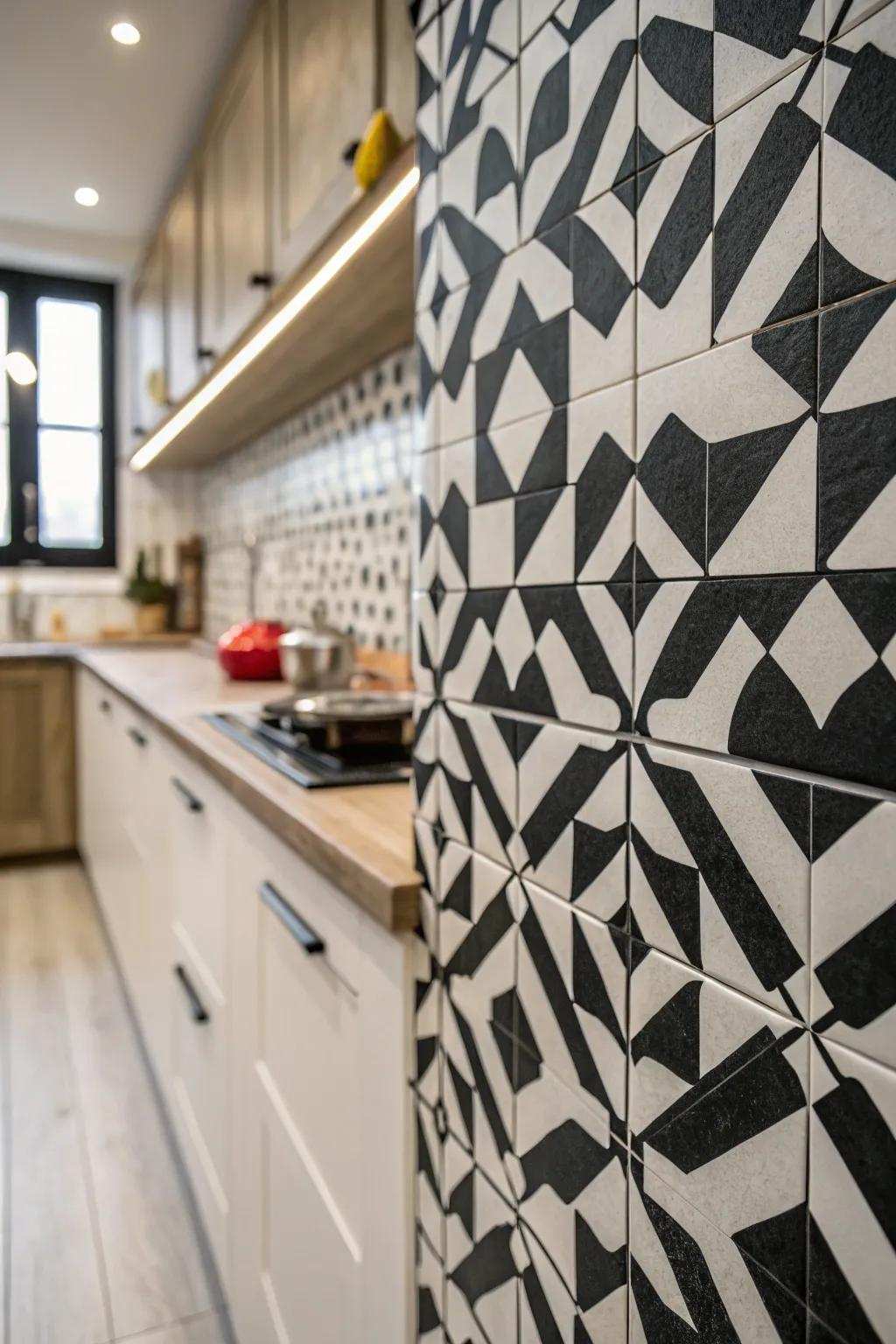 Audacious ebony-and-ivory patterned tiles make a dramatic declaration in this kitchen.