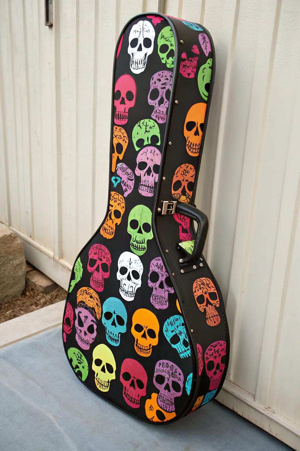 Audacious skull stickers enriching the character of a guitar case.