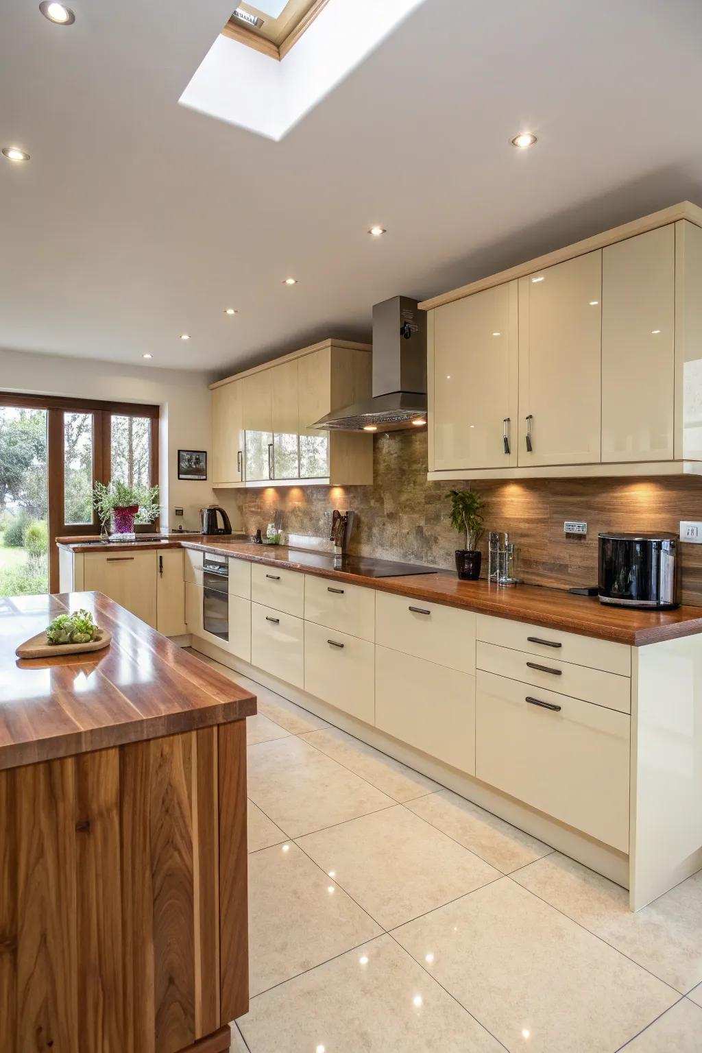 Authentic wood details complementing the cream gloss finish for an inviting, cozy kitchen.