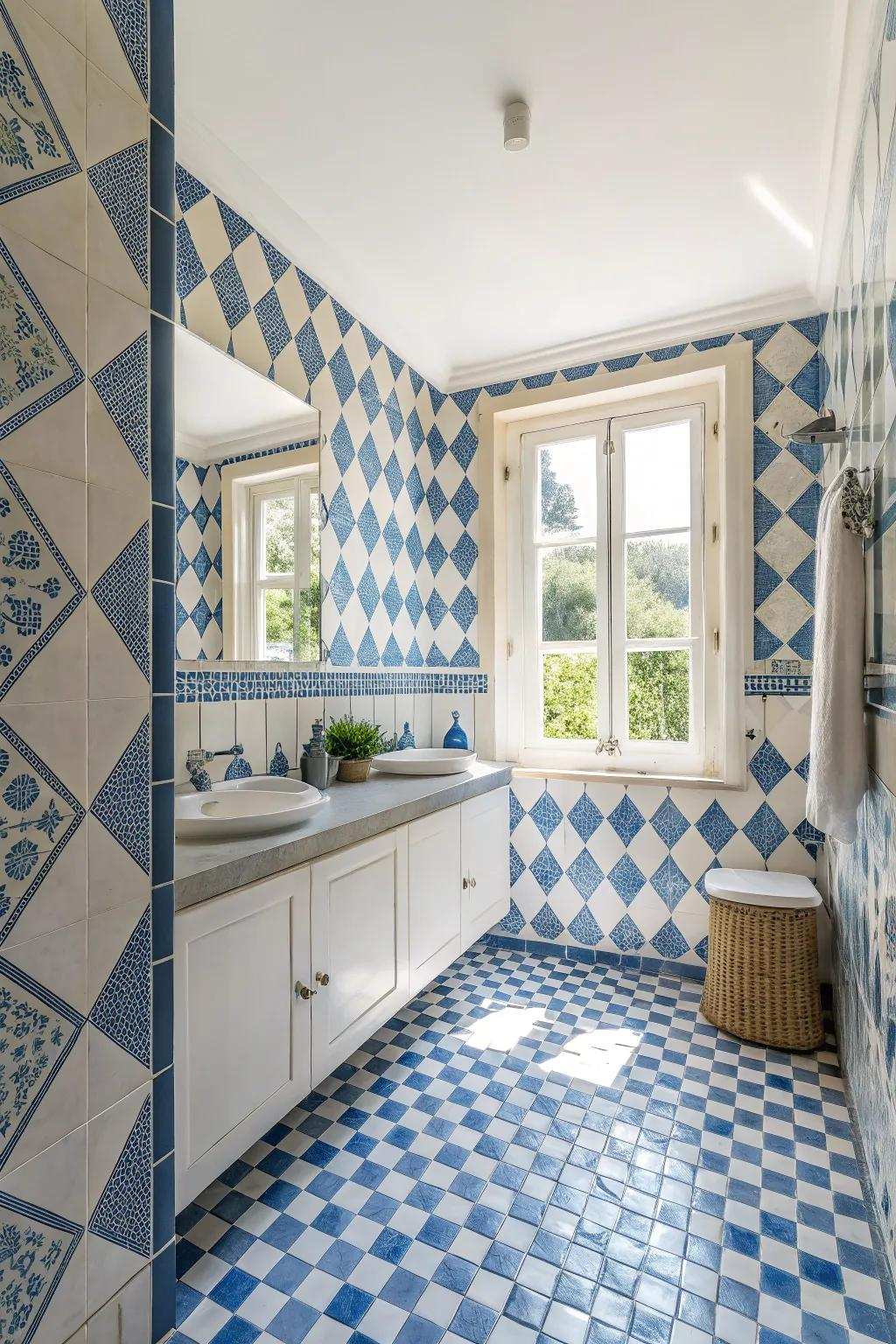 Azure and ivory designs introduce a timeless and crisp style to this exquisite bathroom.