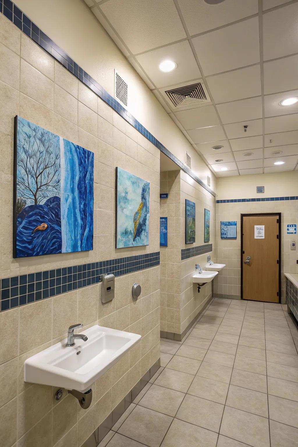 Azure artistic creations elegantly integrate the color scheme within this fashionable bathroom.