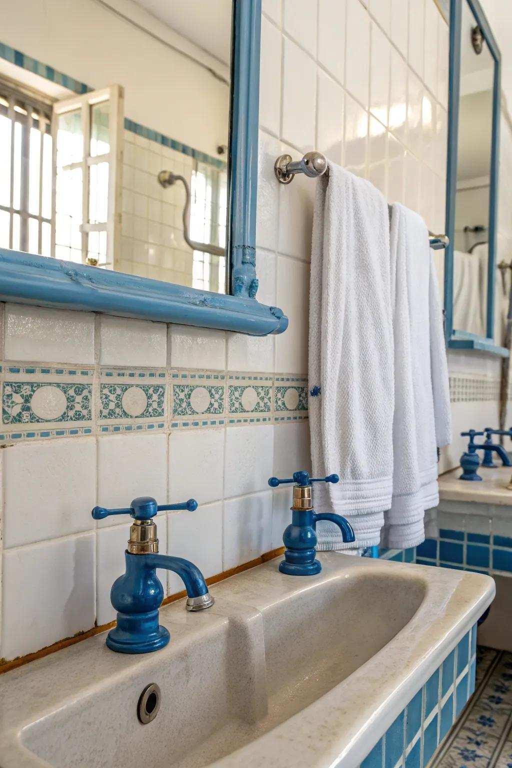 Azure fixtures introduce a subtle yet significant impact to this modern bathroom.