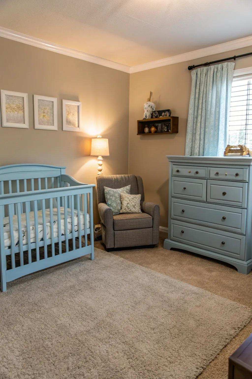 Azure furniture adds a subtle pop of color to a serene bedroom.