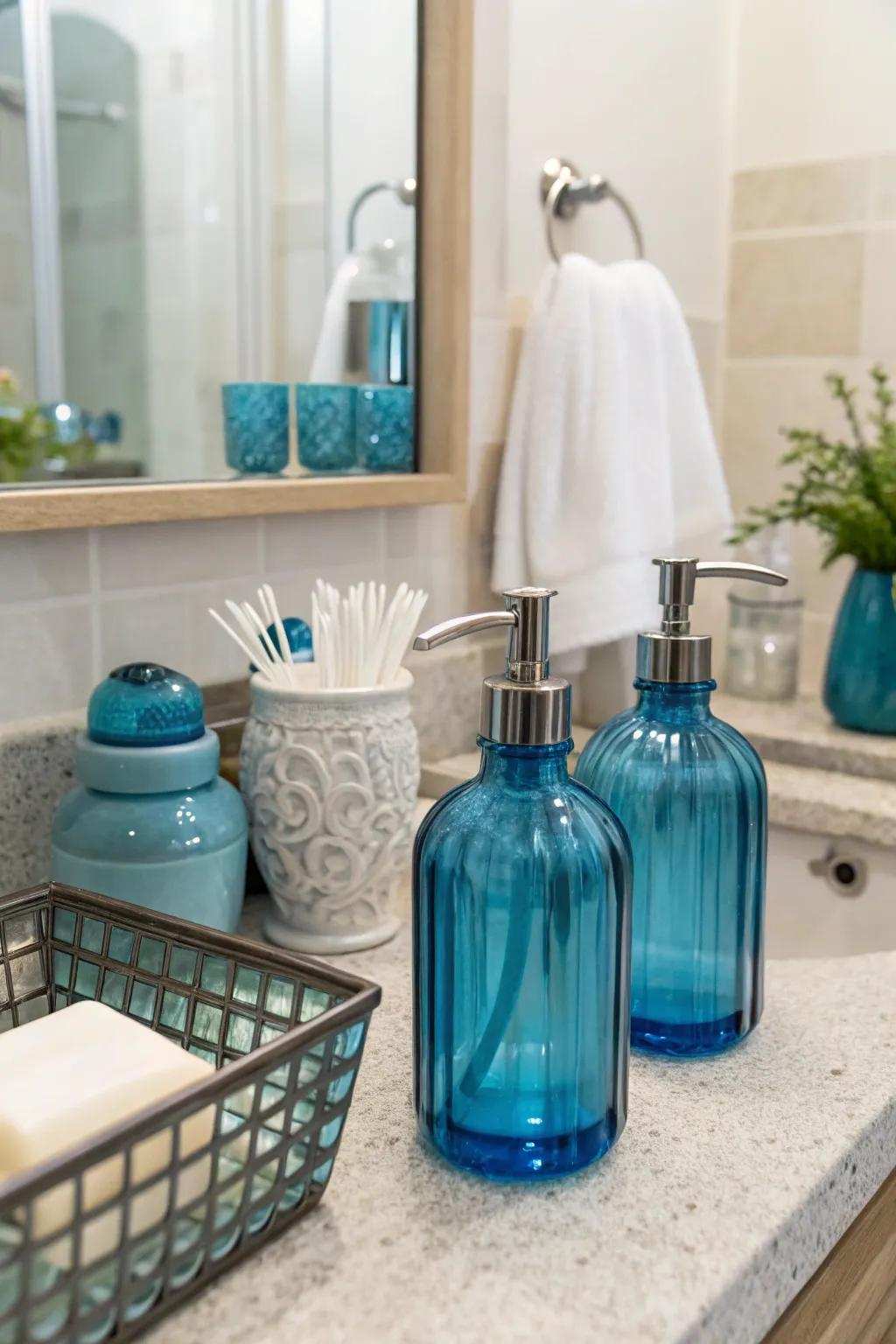 Azure glass embellishments reflect radiance beautifully, lending sophistication to this bathroom.