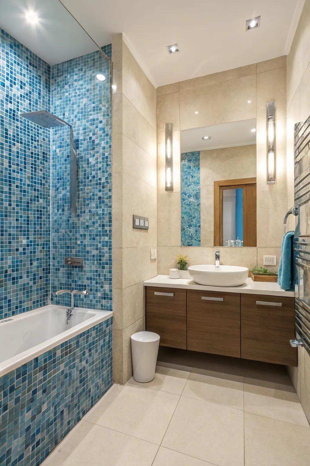 Azure mosaic fragments produce an enthralling focal aspect in this contemporary bathroom.