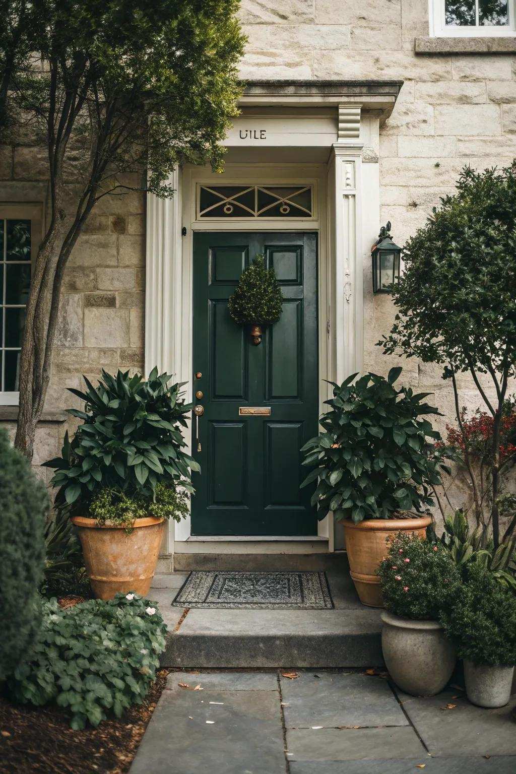 Balanced foliage amplifies the welcoming atmosphere of the entrance.