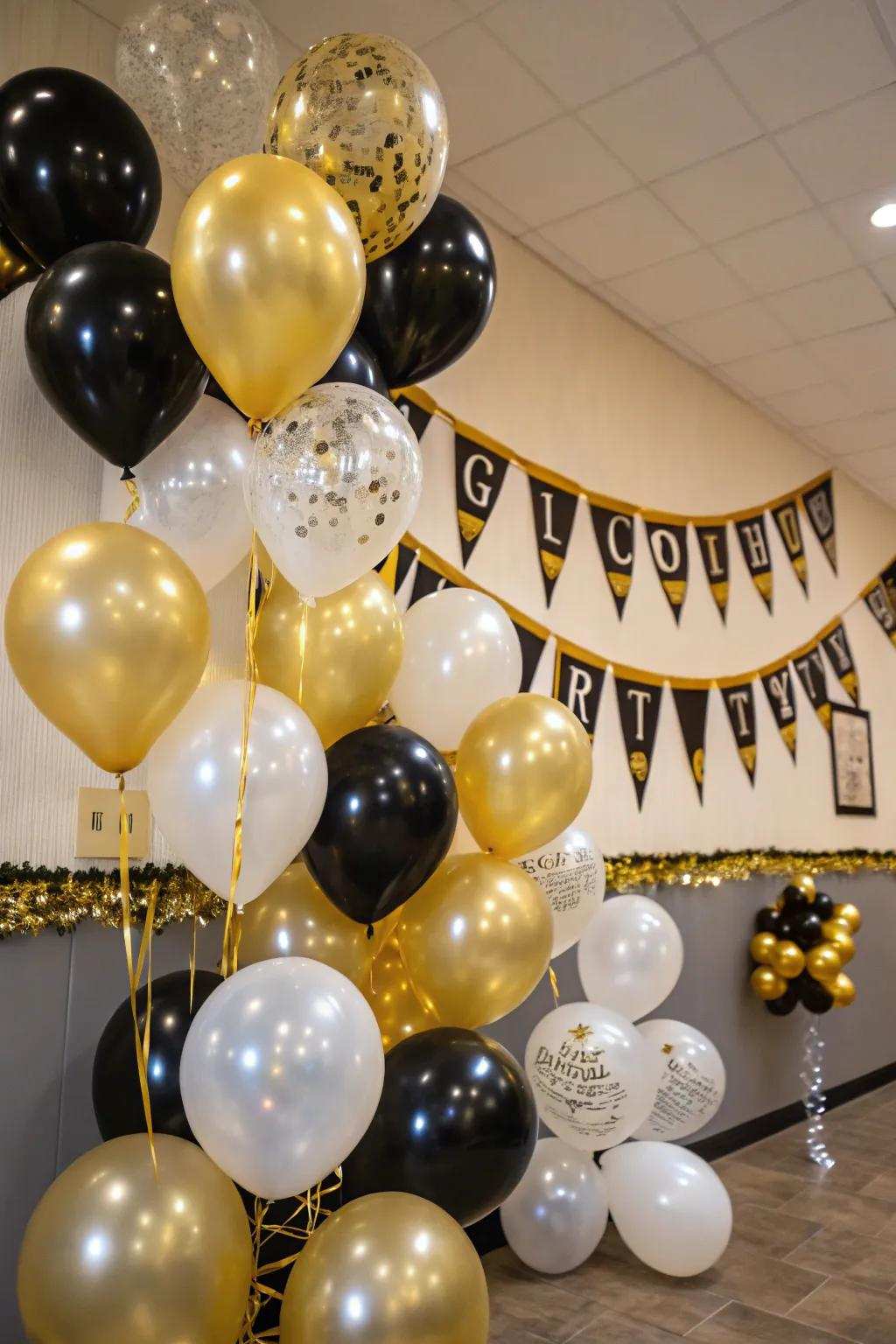 Balloons in coordinated colors creating a celebratory ambiance for the joint event.