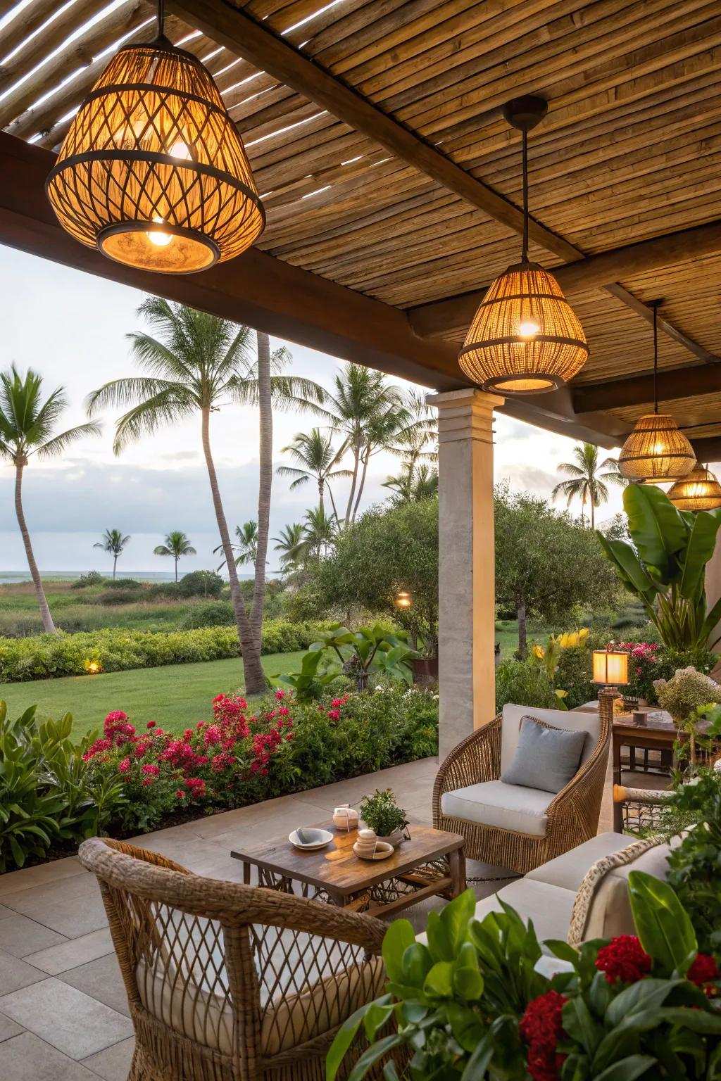 Bamboo lights enhance the tropical feel of your outdoor area.