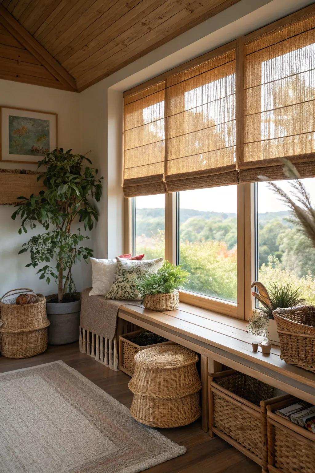 Bamboo screens promote a sustainable aesthetic.
