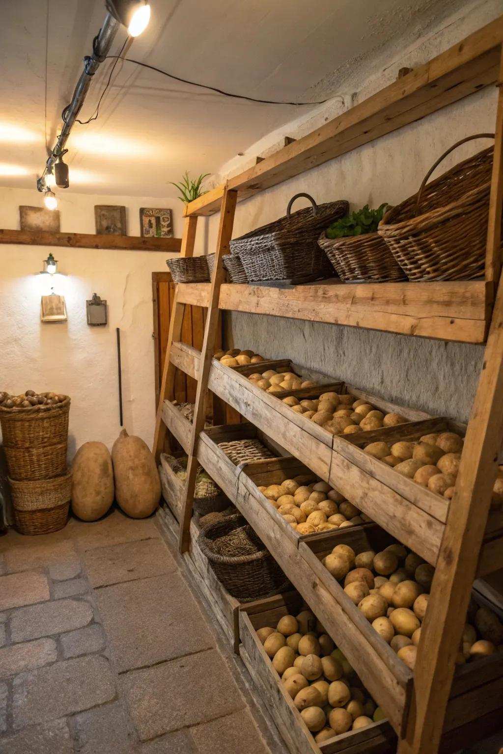 Basement corner is ideal for cool and shaded potato stowage.