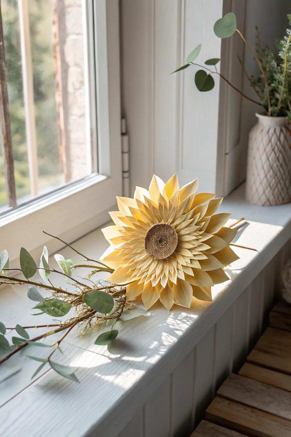 Bask in the warmth of a handmade paper-crafted sunflower, bringing sunshine to your minimalist space.