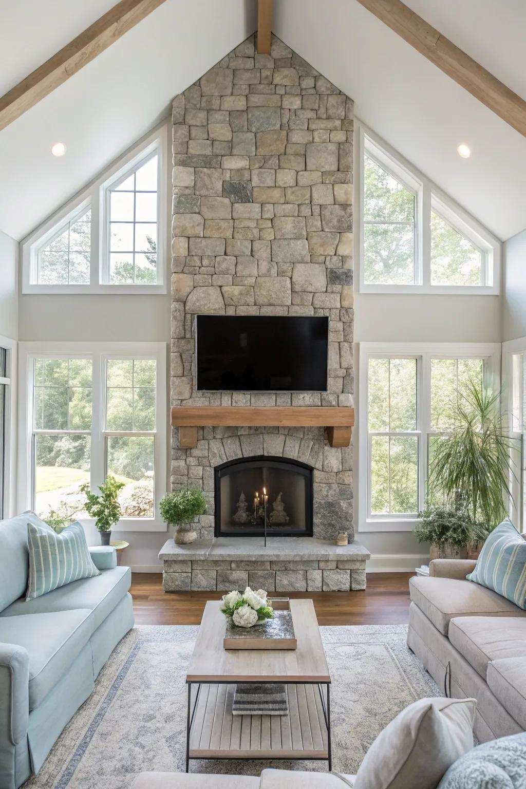 Bathe your stone fireplace in natural illumination for a radiant and airy family room ambiance.