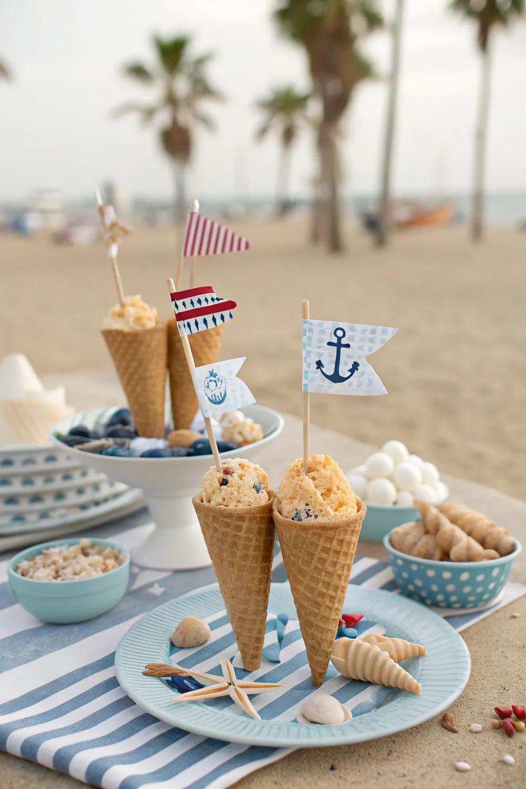 Beach-themed ice cream cones perfect for a summer party.