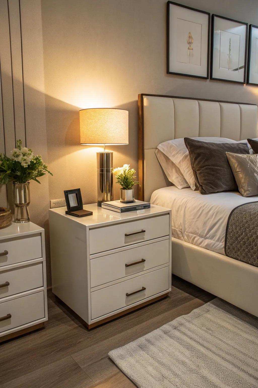 Bedside tables with storage capabilities combine elegance and use.