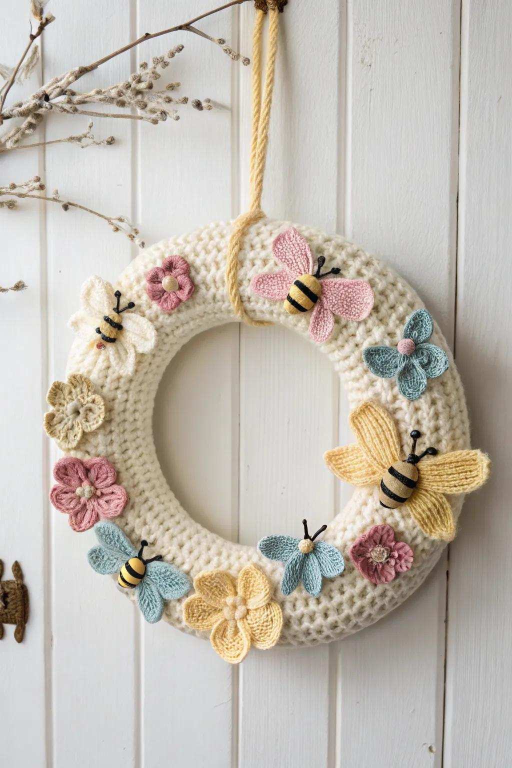 Bestow whimsy upon your area via a crochet wreath showcasing endearing bees and butterflies.