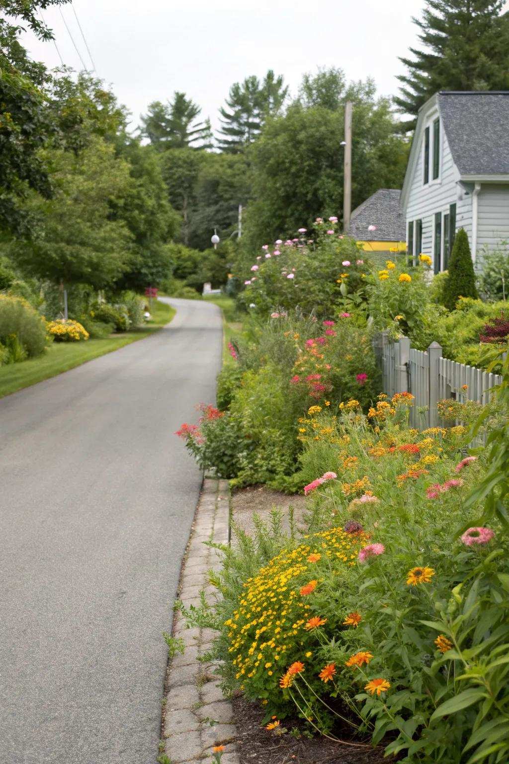 Biodiverse indigenous plant gardens lining the driveway.