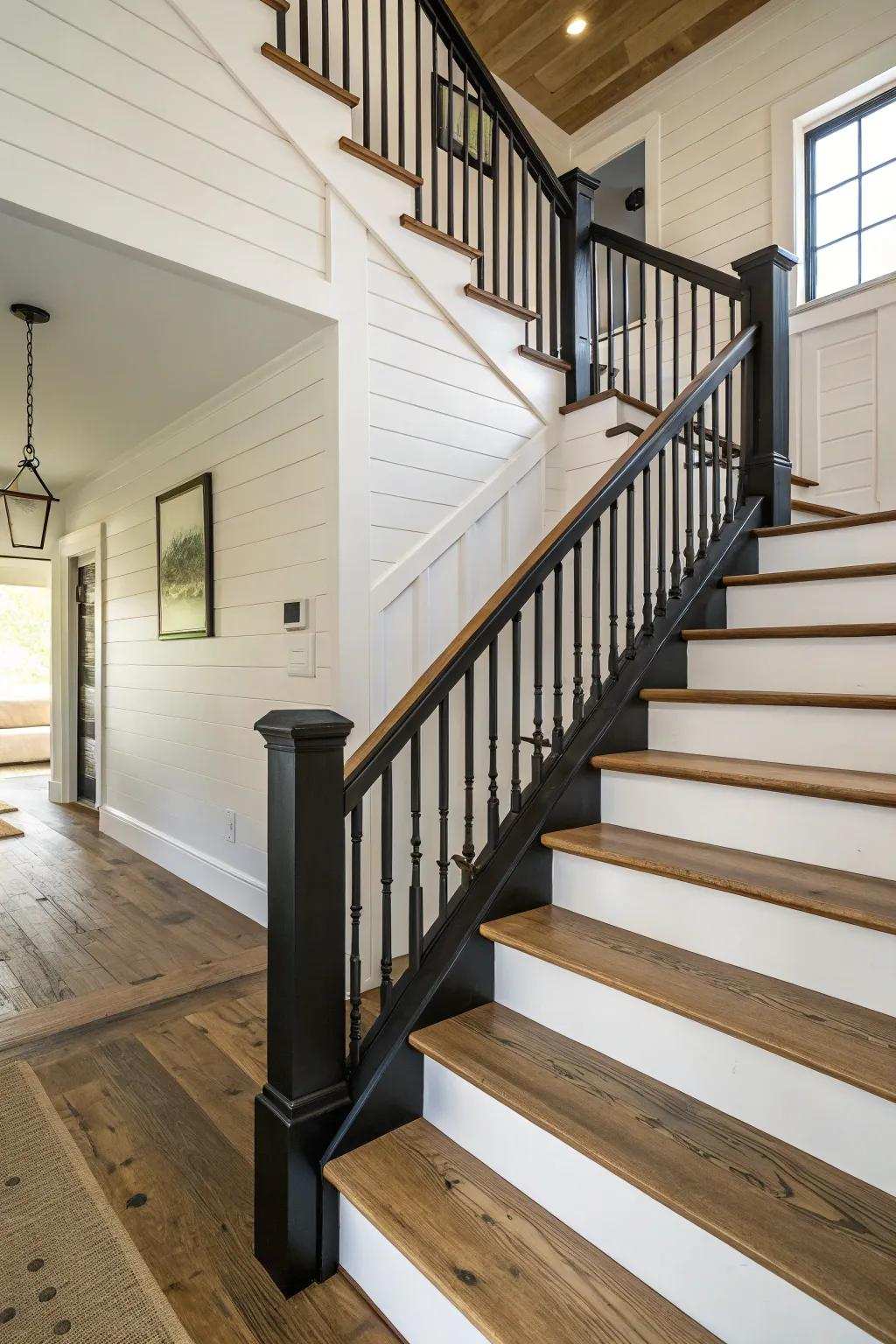 Black-painted banisters supply a pronounced differentiation within farmhouse interiors.