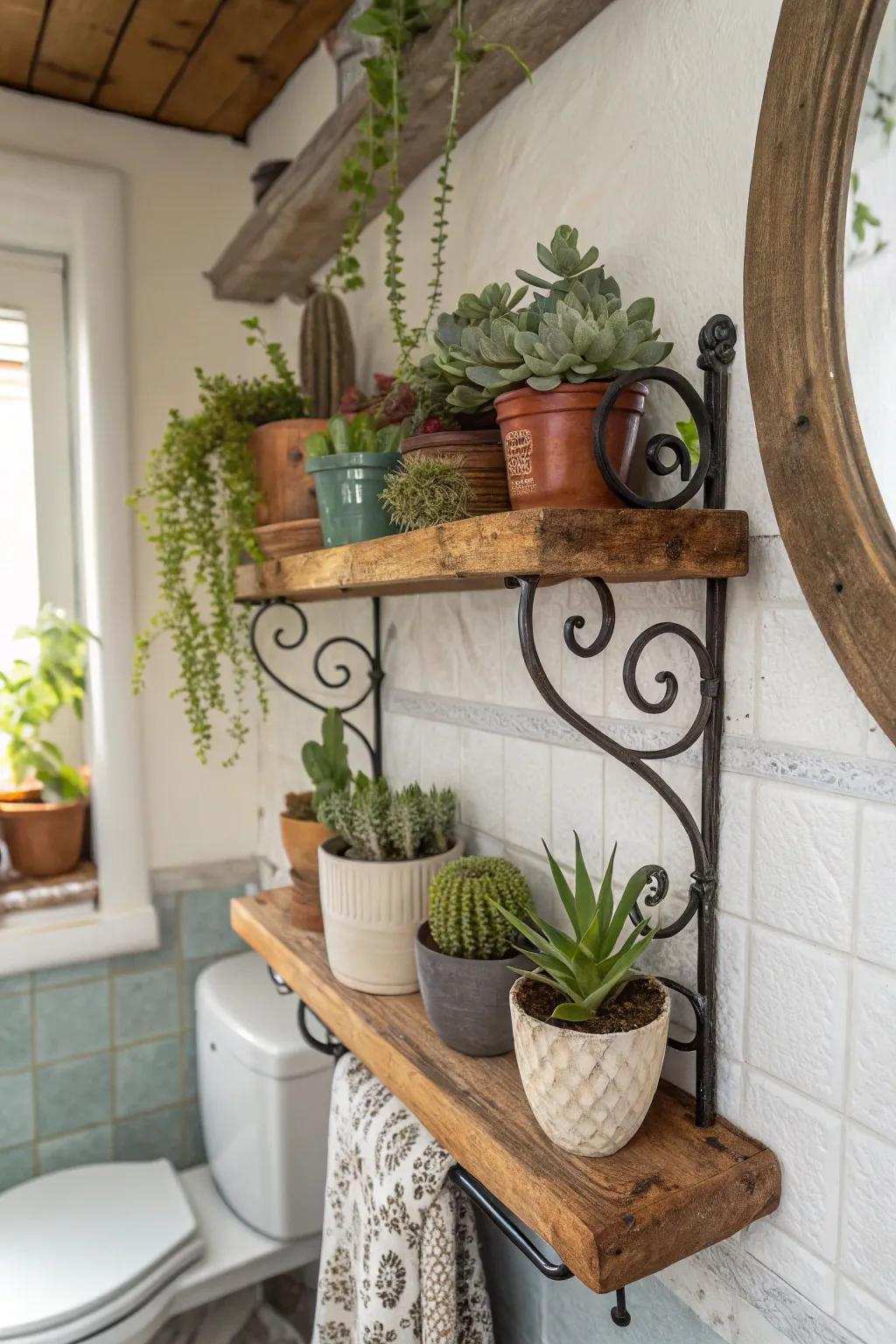 Blended materials in brackets add character to the restroom.