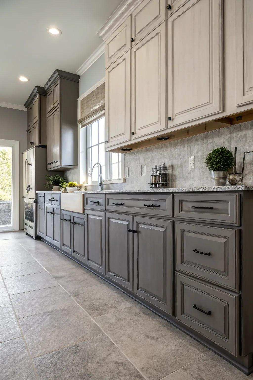 Blending gray tones in cabinets creates depth and interest.