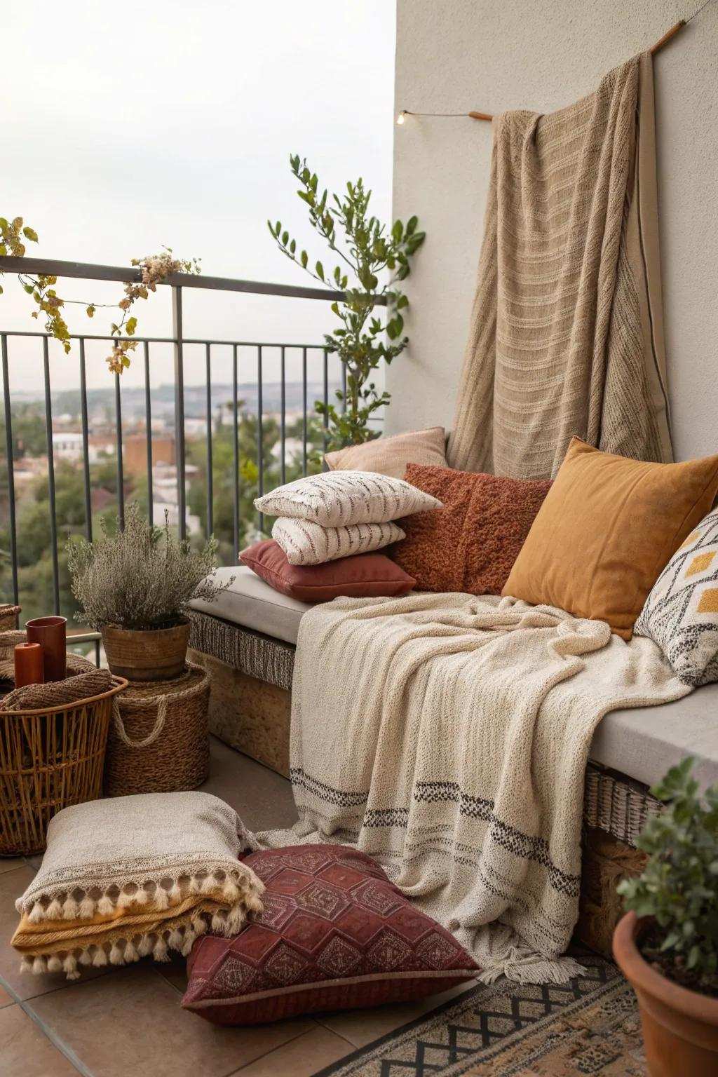 Blending textures brings depth and warmth to your balcony.