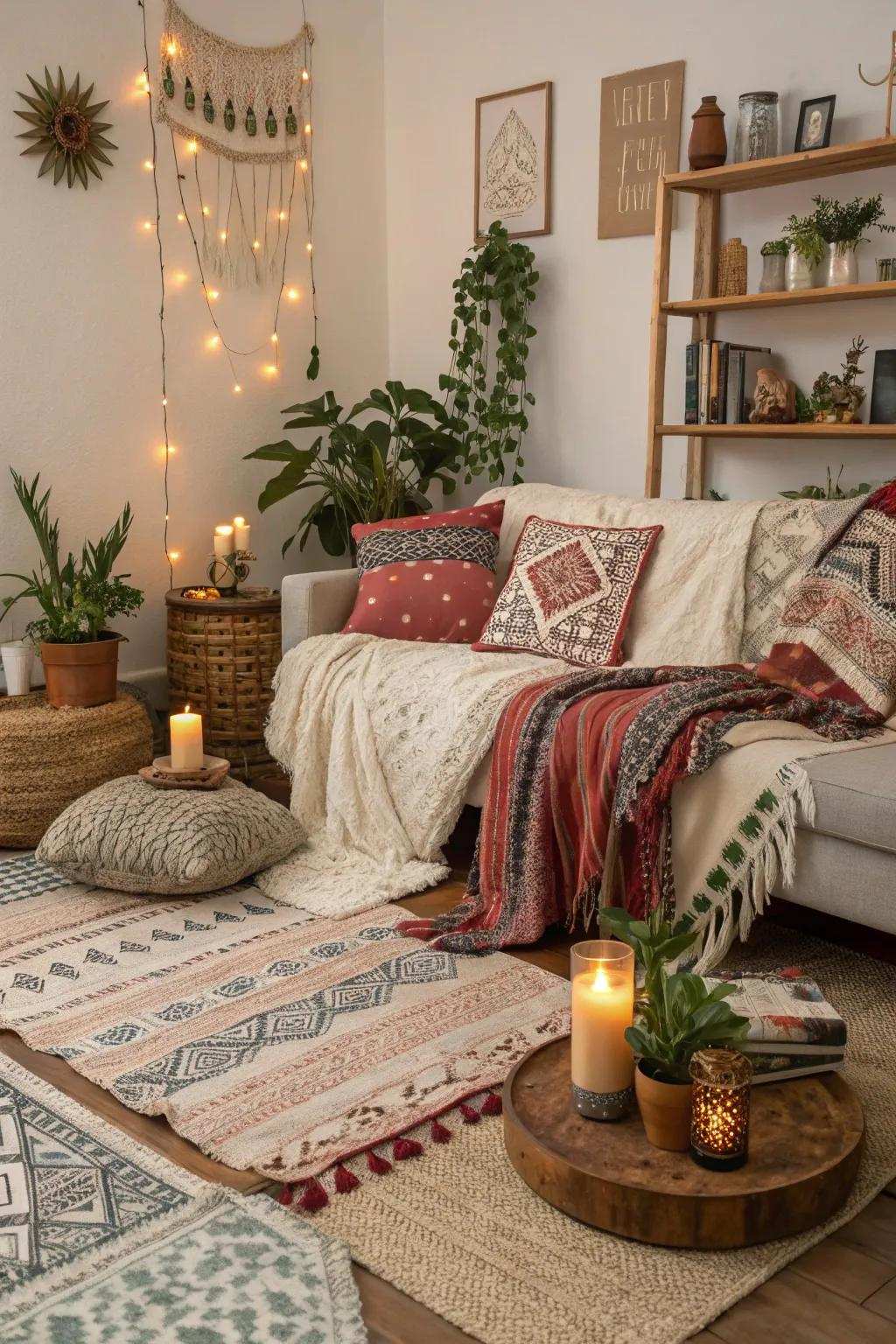 Boho details bring a whimsical and inviting atmosphere to this living room.
