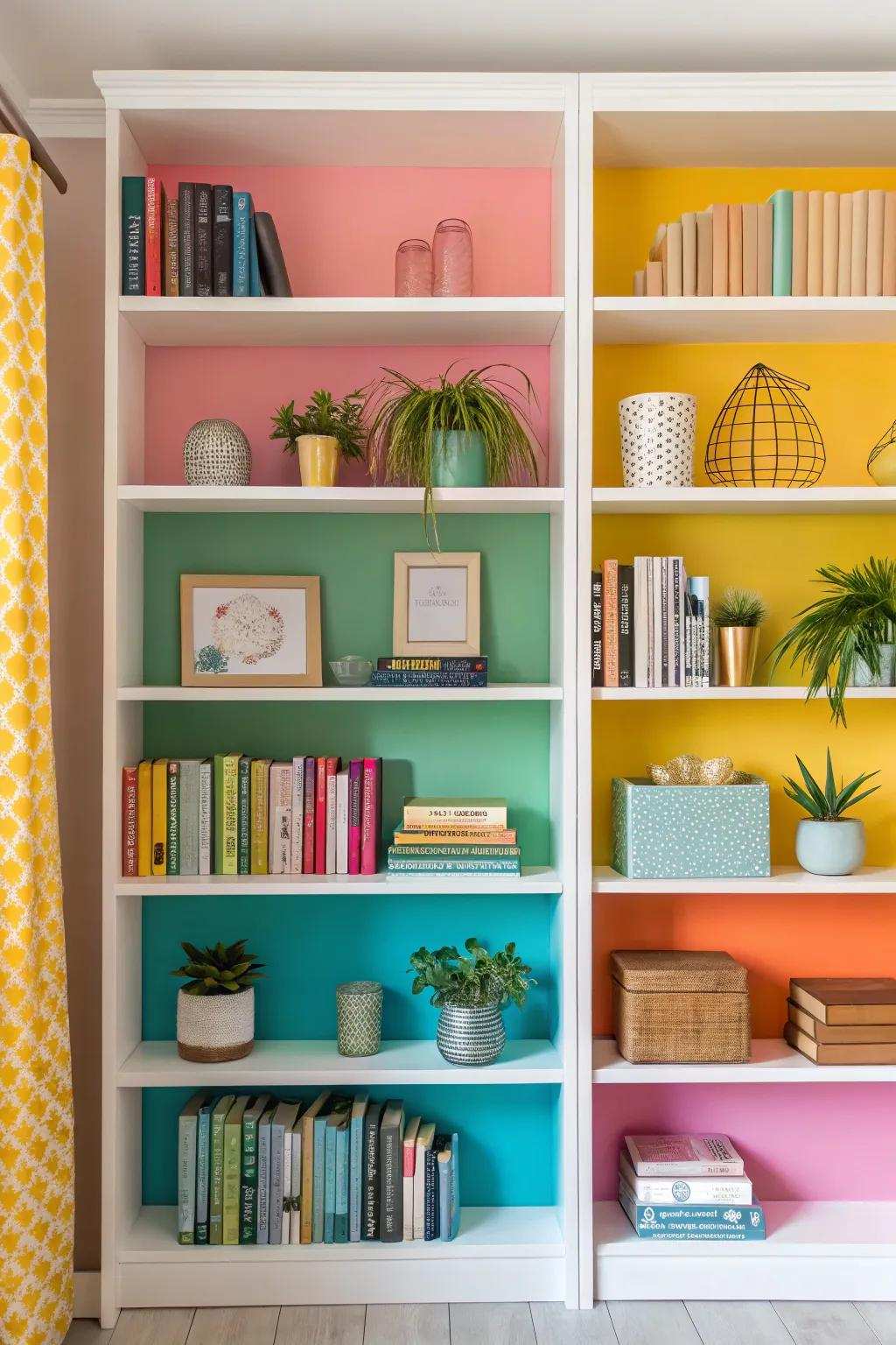 Bookshelves enhanced with color accents bring a vibrant touch to any living space.