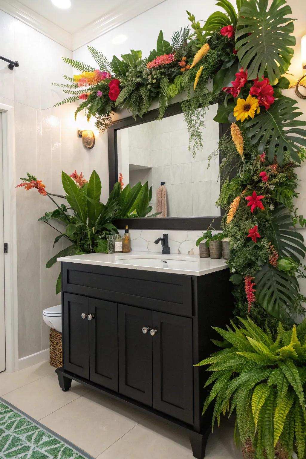 Botanical decor brings a vibrant and revitalizing element to a dark-toned vanity bathroom.