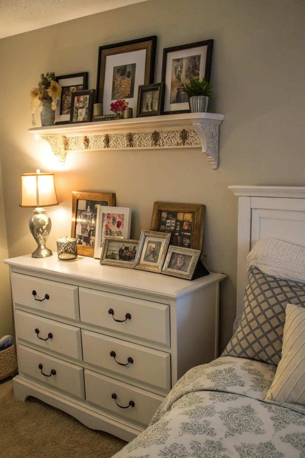 Bracket shelves add personal touches to bedrooms.