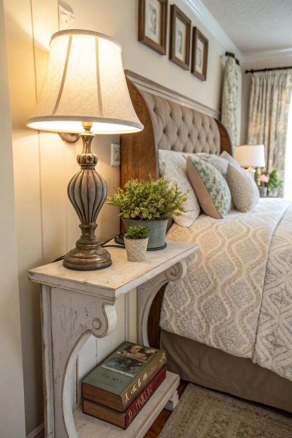 Bracket shelves can creatively replace traditional nightstands.