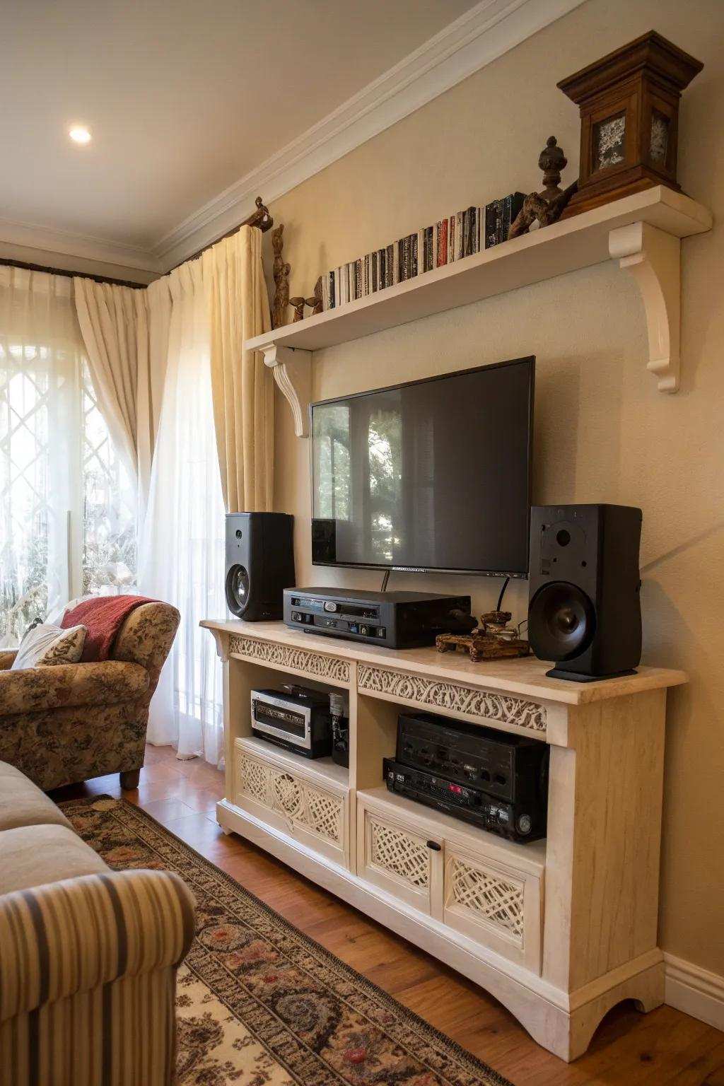 Bracket shelves create functional media centers.