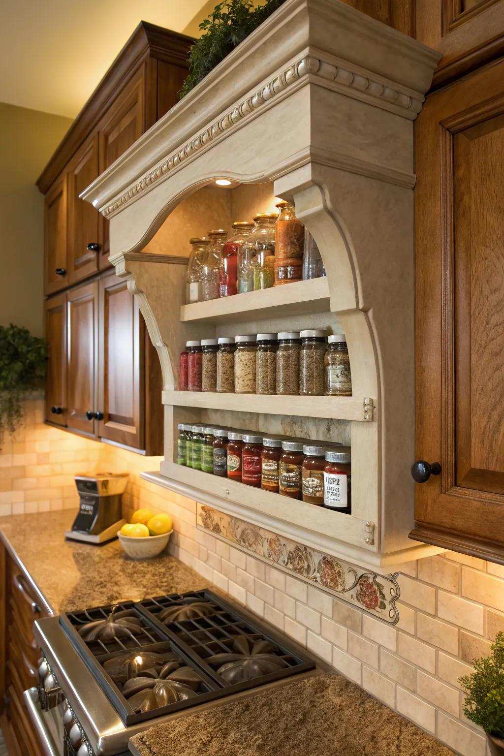 Bracket shelves maintain cooking area flavorings arranged and fashionable.