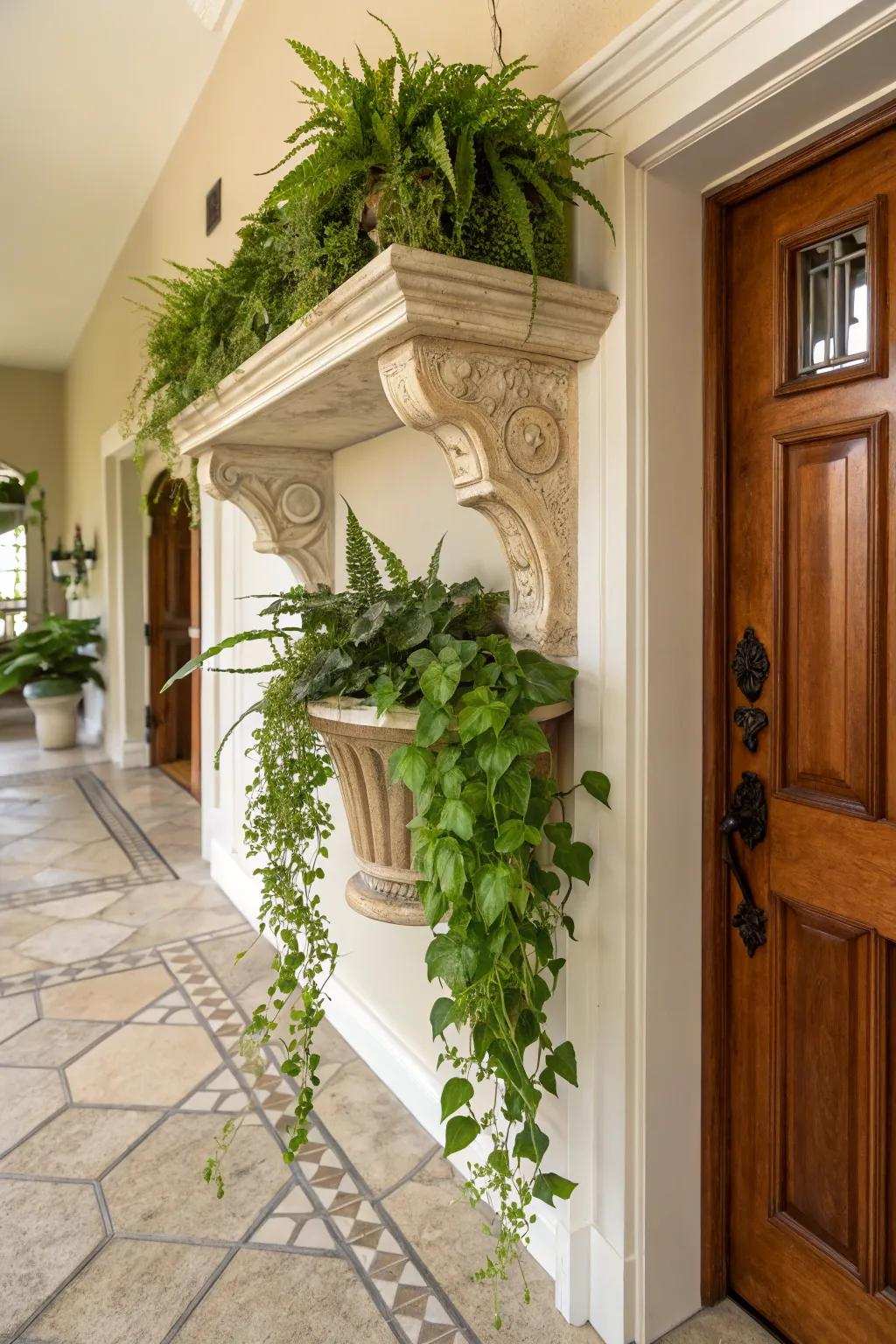Bracket shelves make a vibrant entranceway with plants.