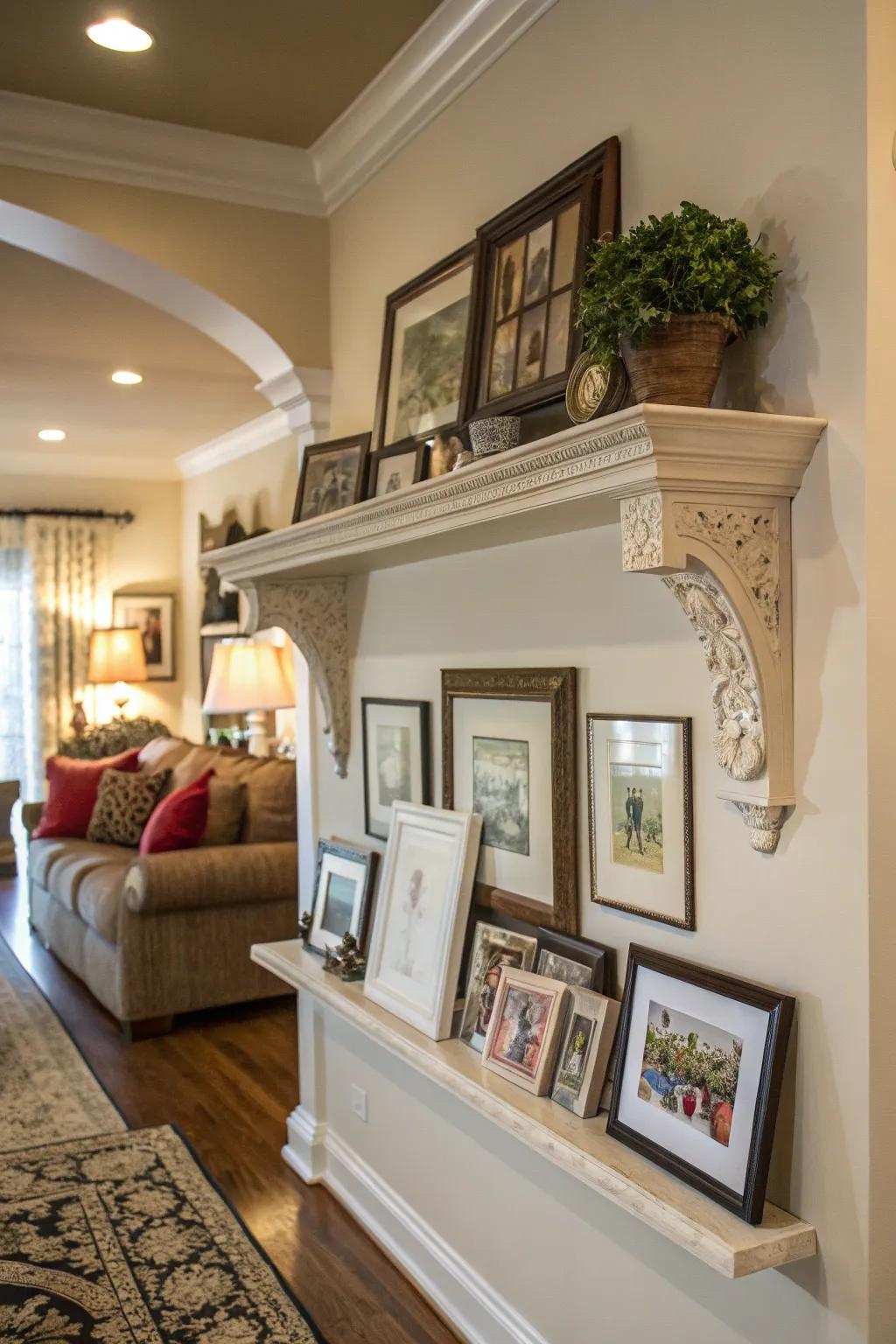 Bracket shelves make artistic presentations in living spaces.