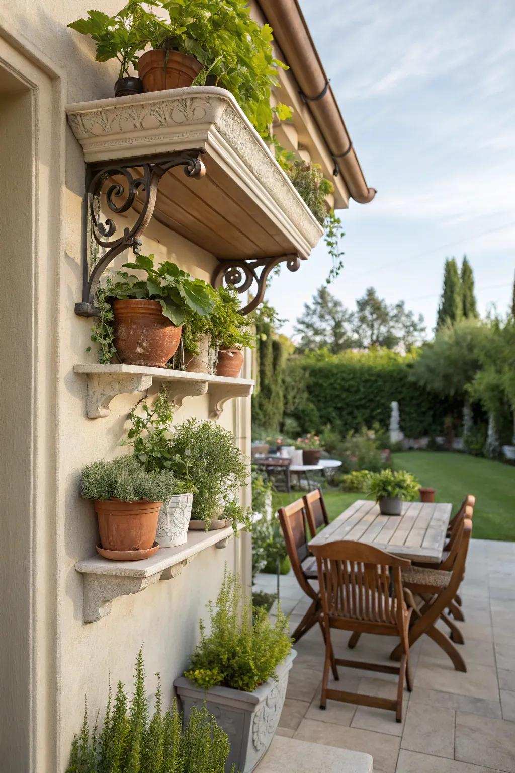 Bracket shelves make for a lively outdoor plant presentation.
