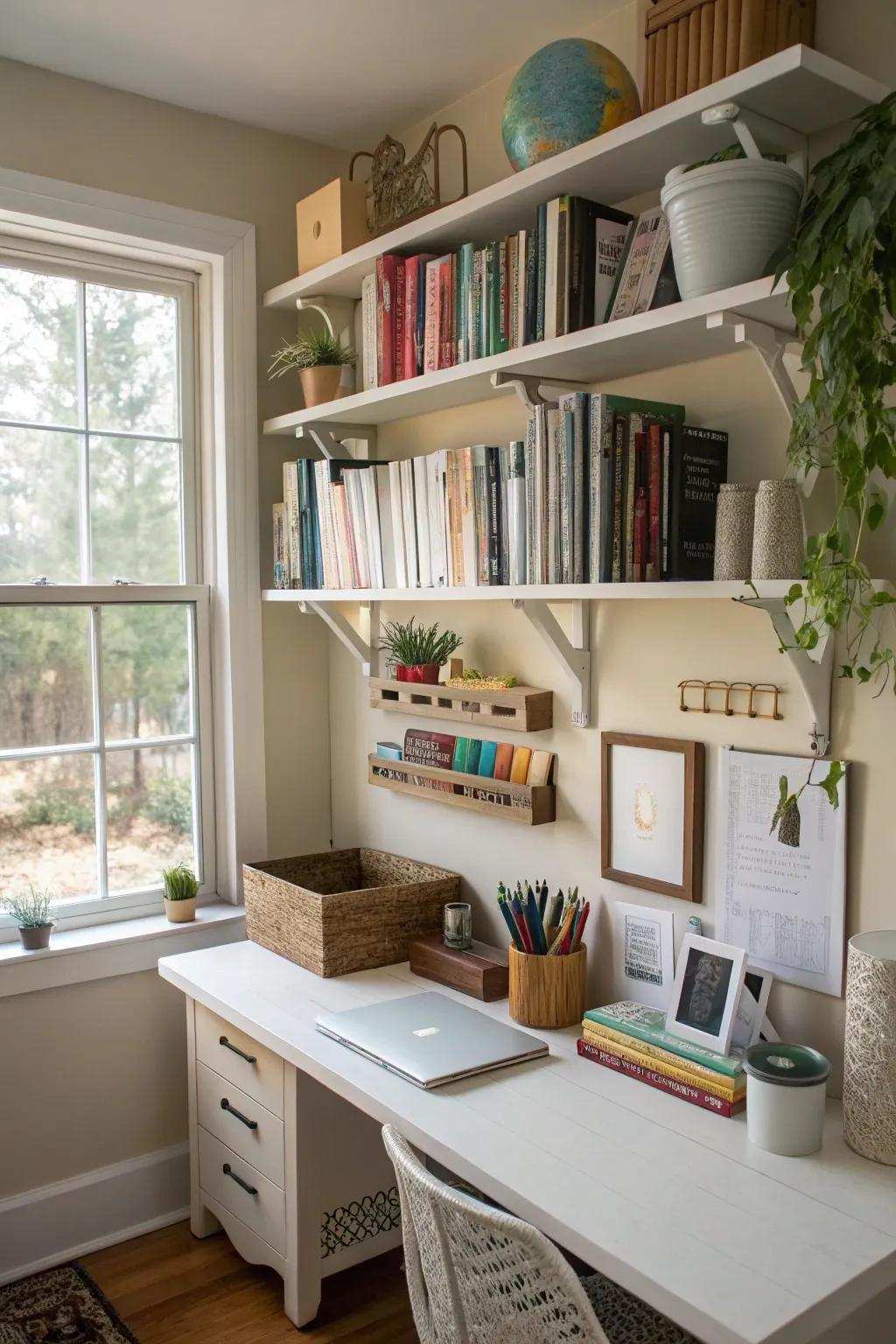 Bracket shelves offer practical storage solutions in home offices.