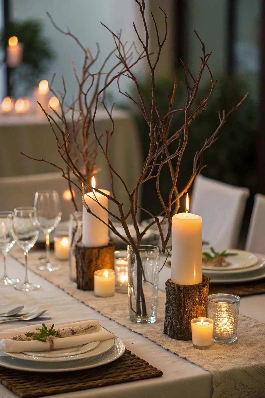 Branch candle stands creating a cozy dinner setting.
