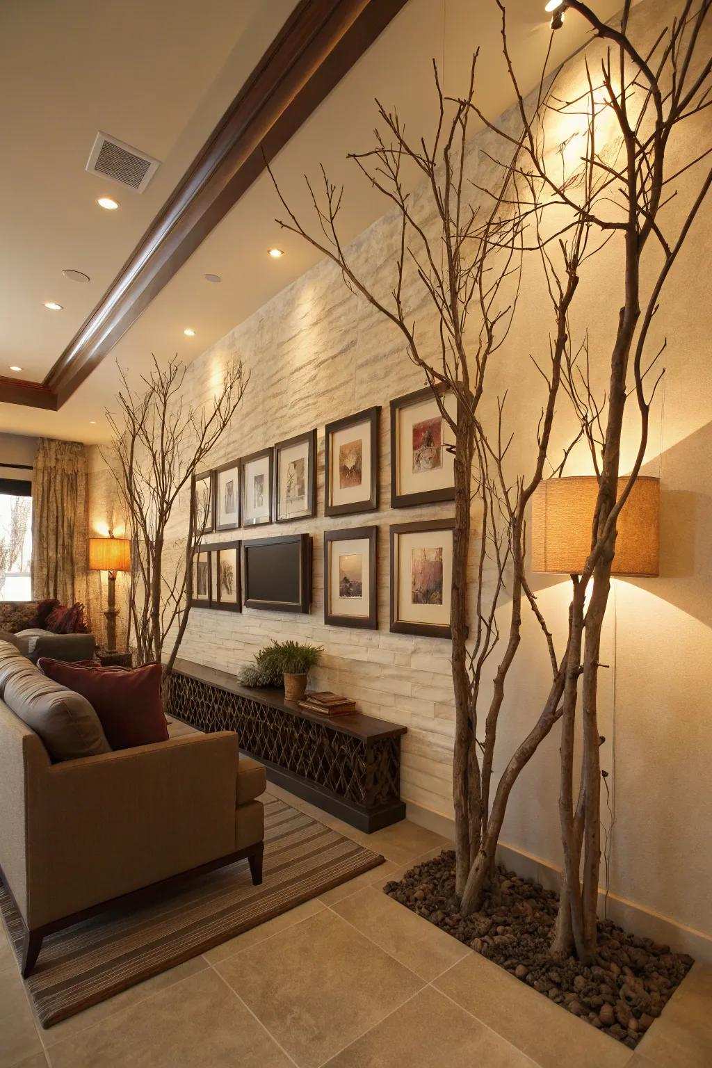 Branches turned into unique frames for wall art.