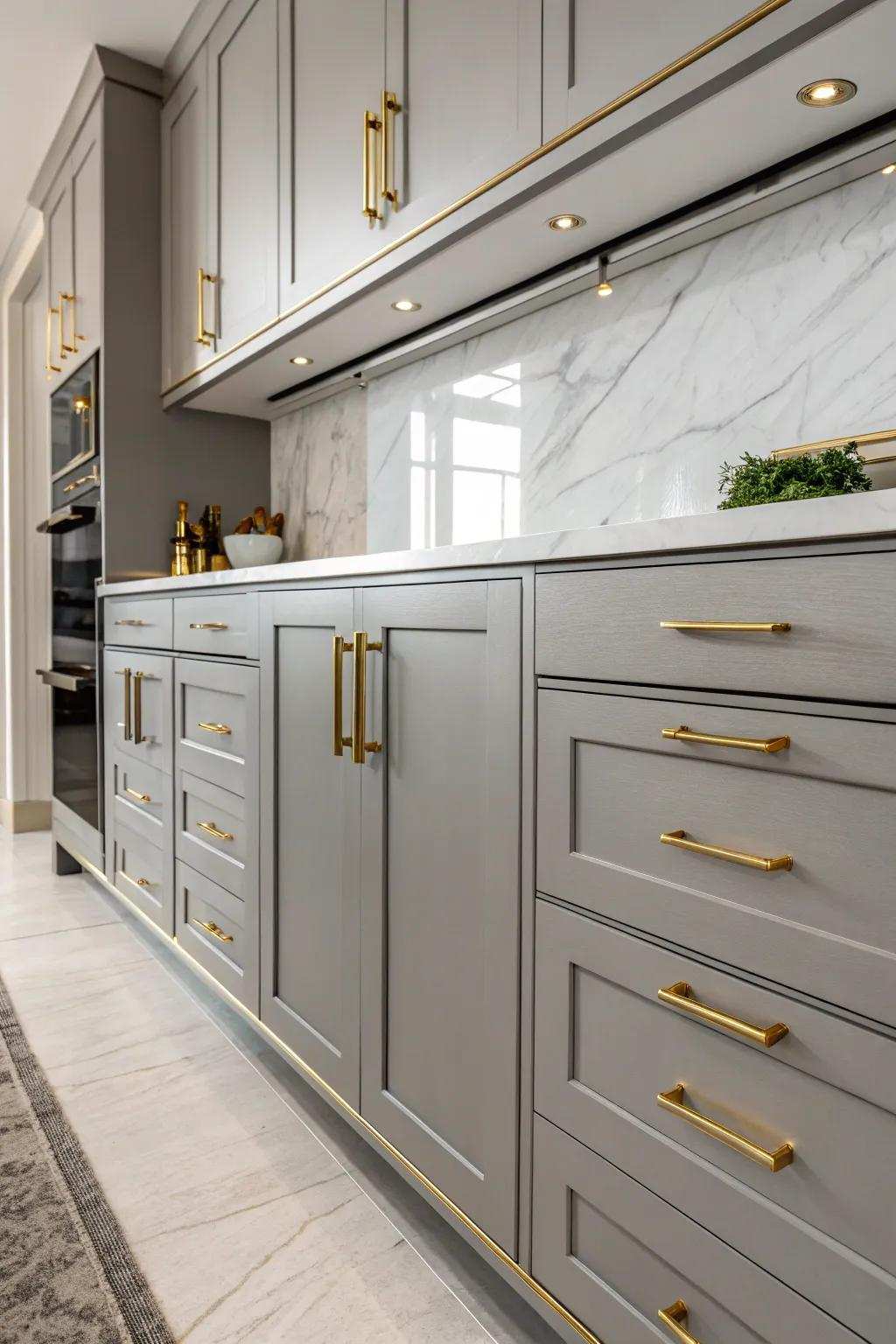 Brass accents contribute a touch of sophistication to gray cabinets.