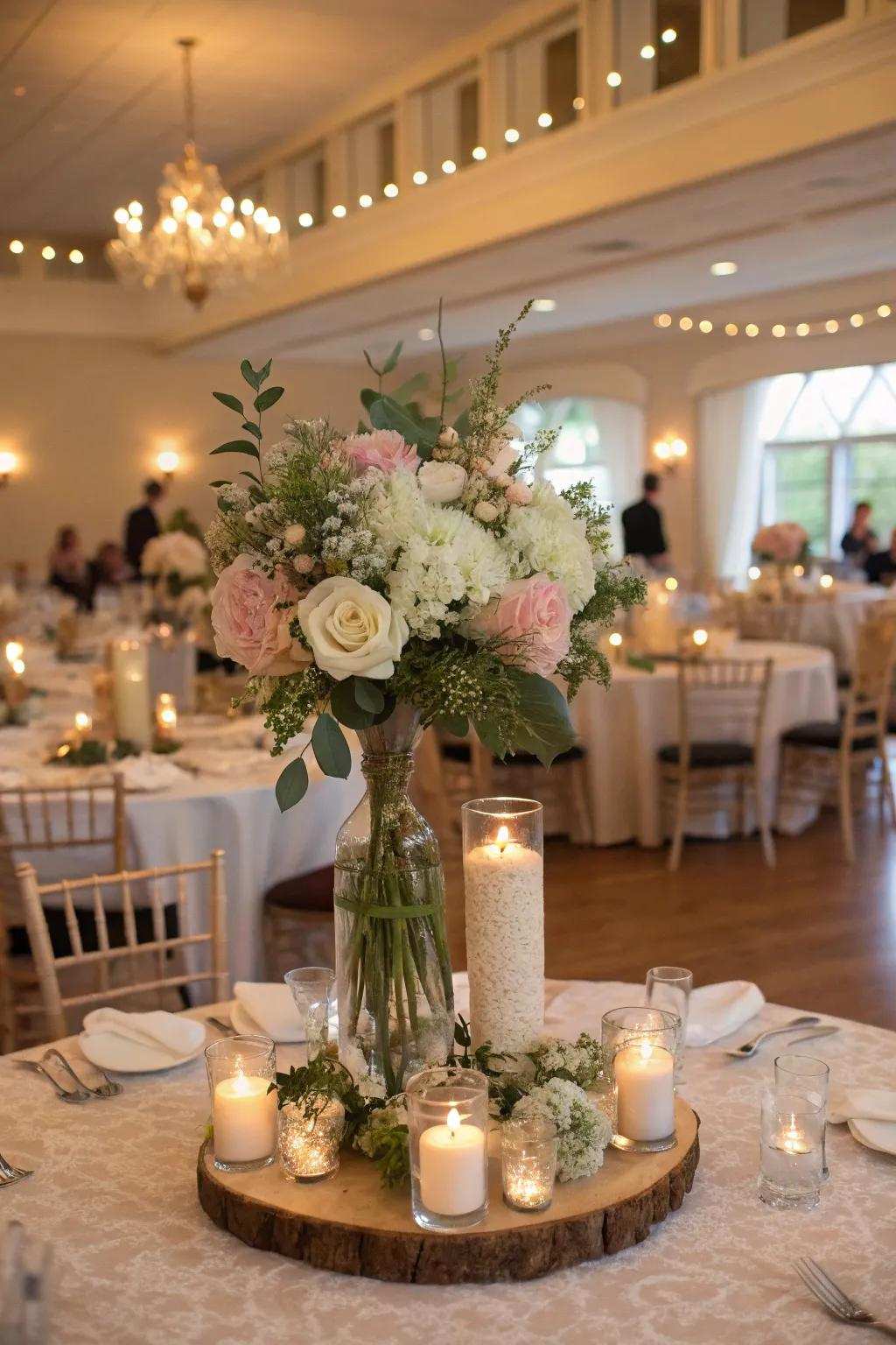 Bridesmaid bouquets cleverly repurposed as table centerpieces.