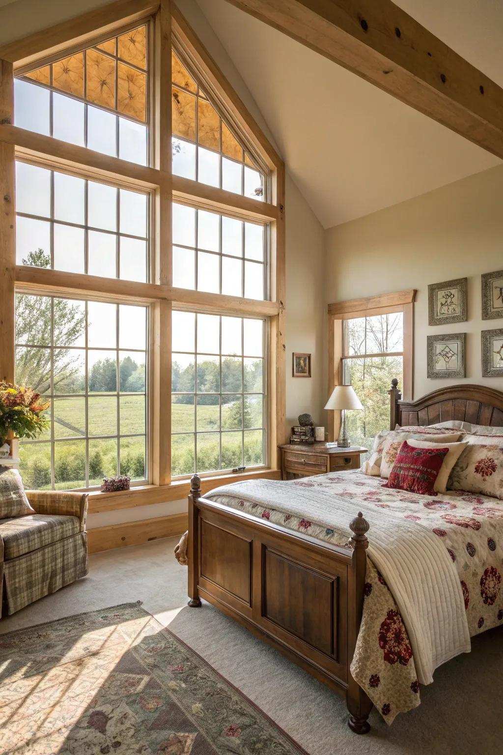 Bright and airy farmhouse bedroom featuring abundant natural light