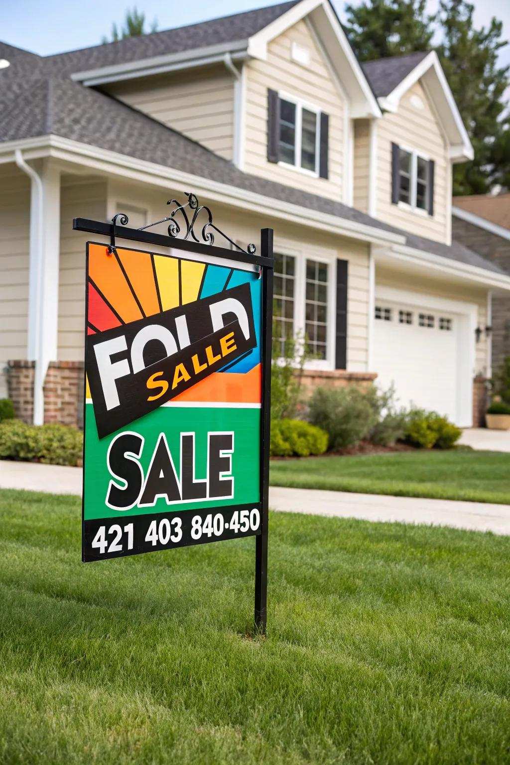 Bright and bold real estate sign that stands out in any neighborhood.