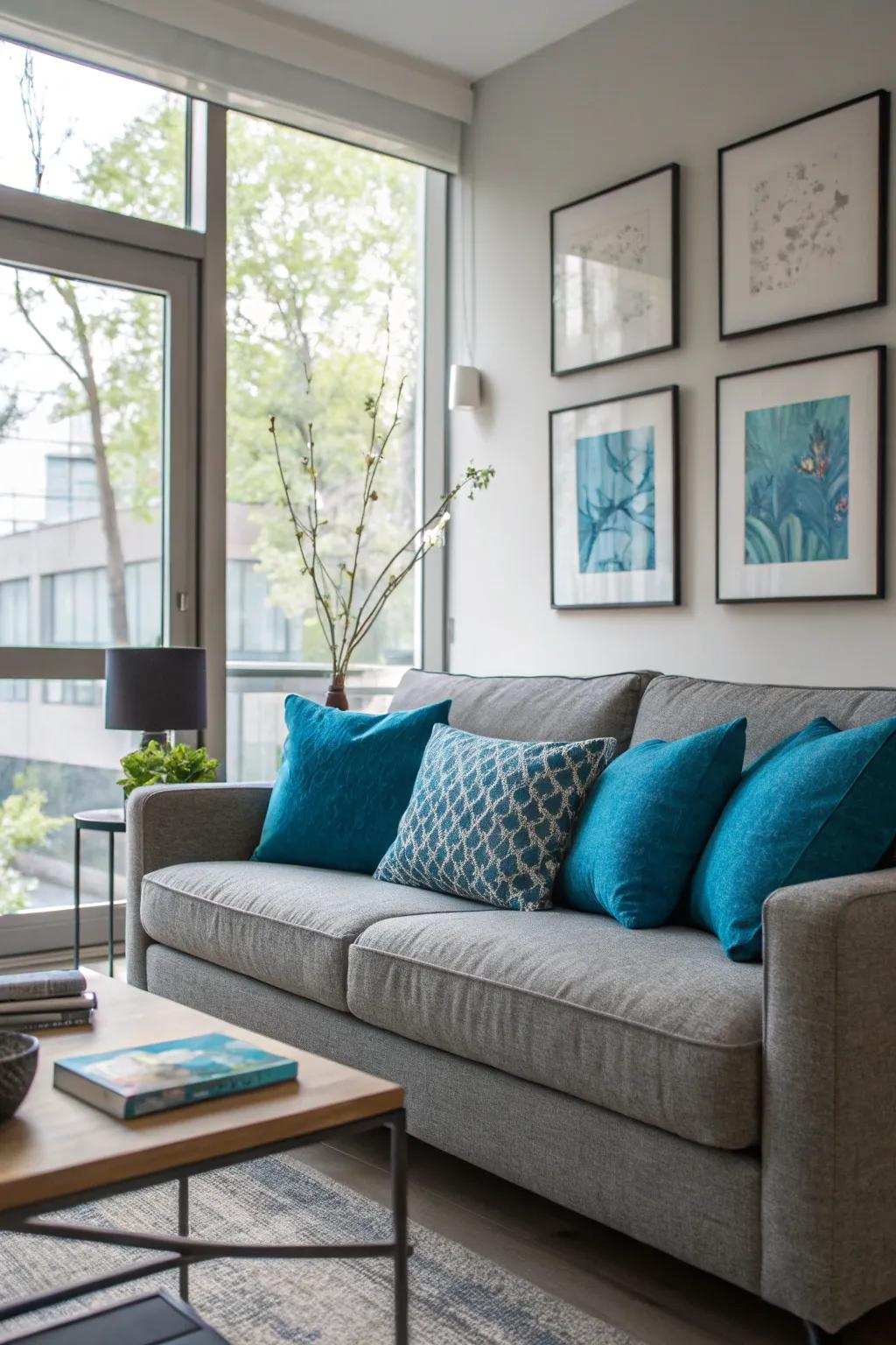 Bright blue pillows give a grey sofa vitality and energy.