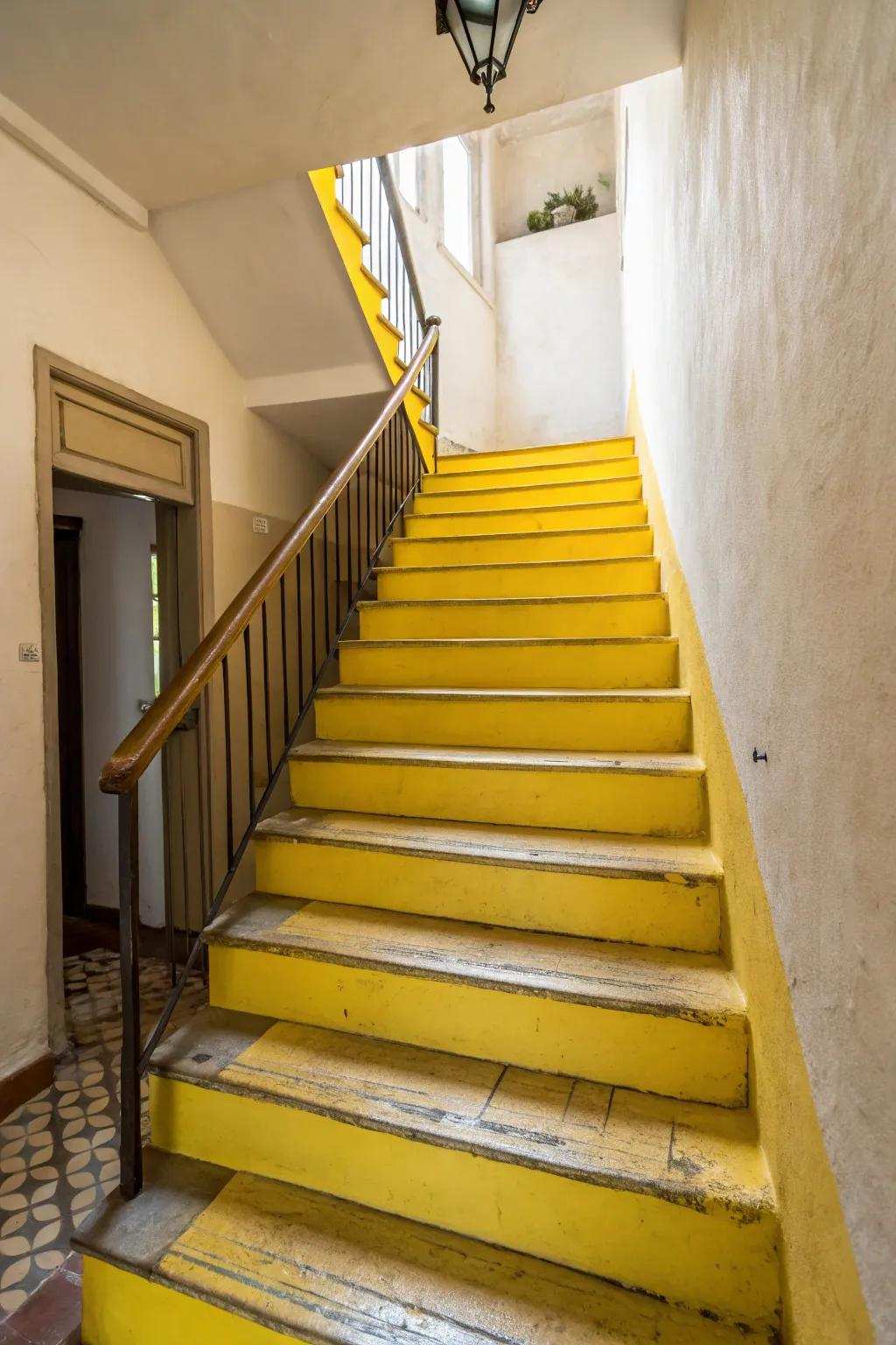 Bright yellow risers offer an energetic flair to this townhouse staircase.
