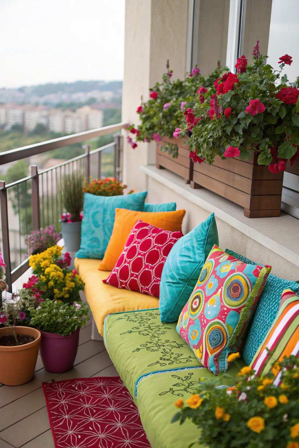 Brighten your balcony with colorful cushions and planters.