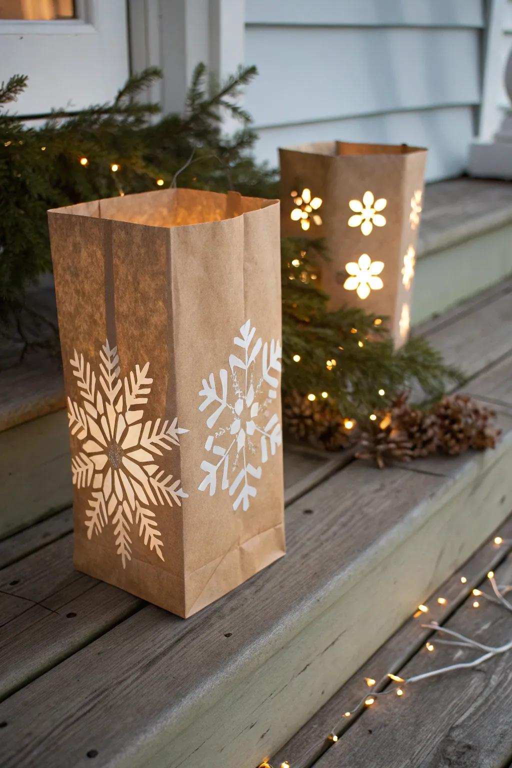 Brighten your holiday nights with elegant paper sack lanterns, bringing warmth and craftsmanship to your doorstep.