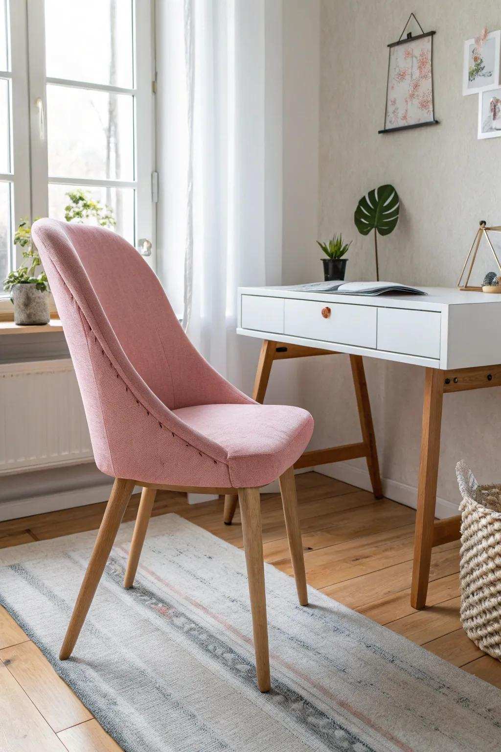 Bring a hint of fancifulness and grace to your crafting space with a rose-tinted accent armchair, where Scandinavian simplicity aligns with bohemian allure.