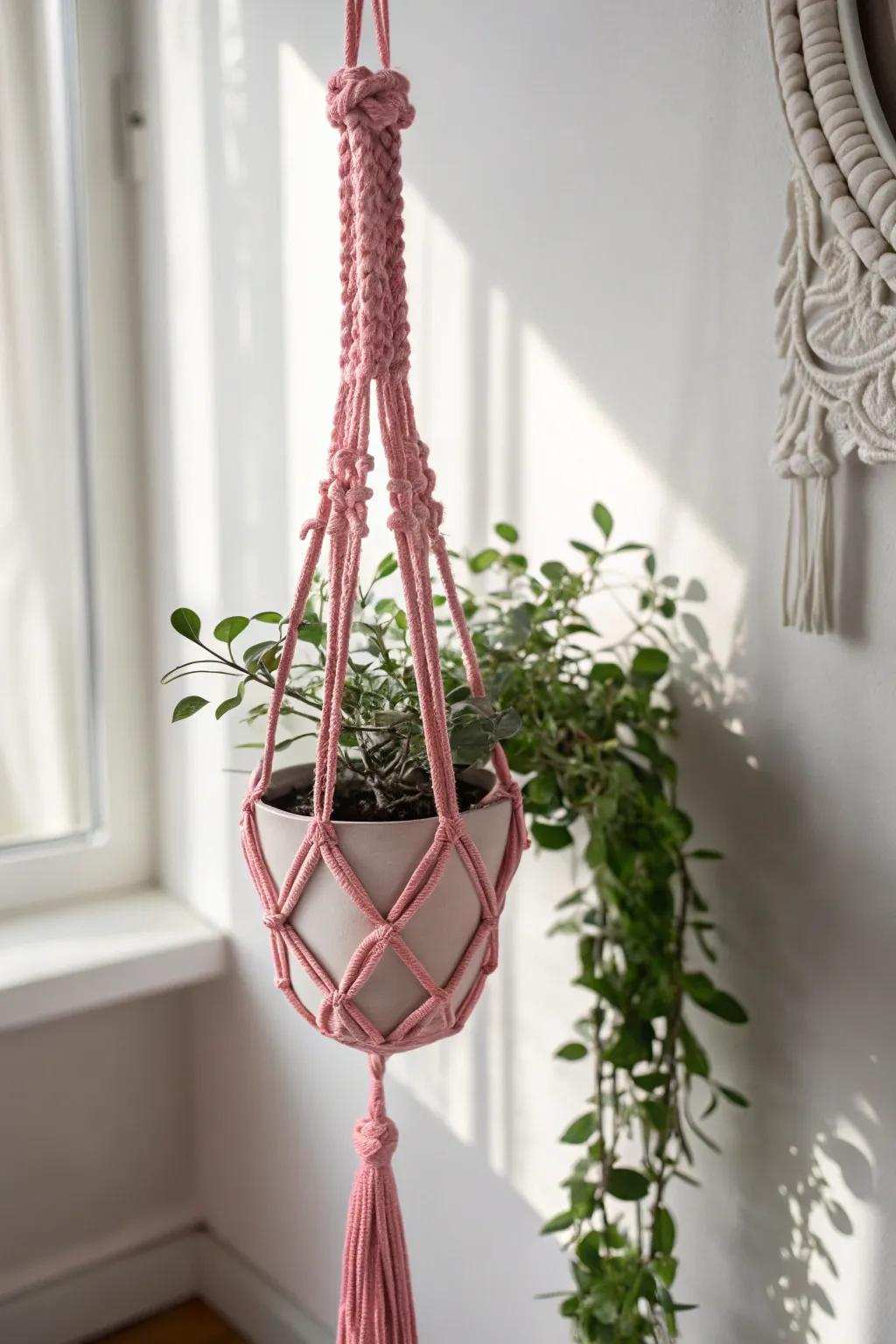 Bring a pop of color and craftsmanship to your home with this chic rose macramé plant swing.